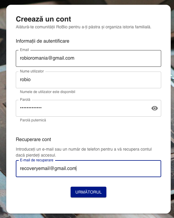 Ecranul de creare a contului RoBio (înregistrare)