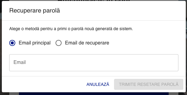Ecranul de resetare a parolei (parolă uitată)
