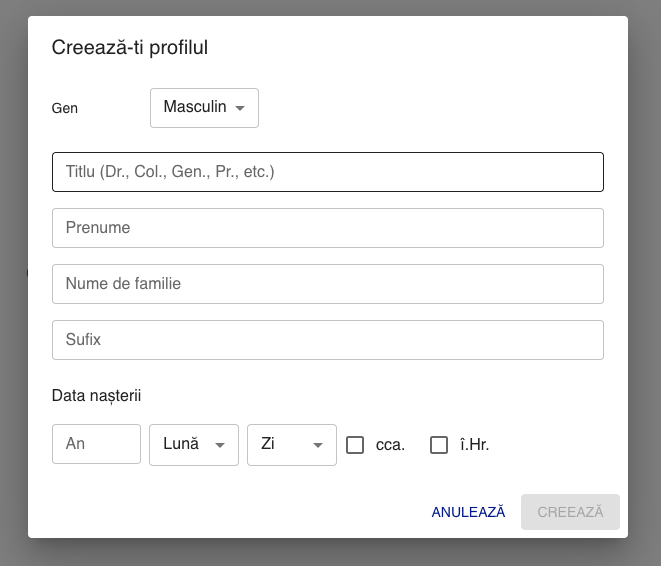Formular: crearea primului profil