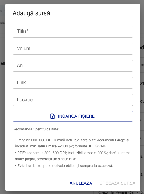 Formularul de creare a sursei / colecției
